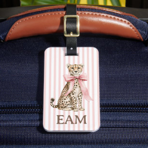 Cheetah With Pink Bow and Stripes Monogram Luggage Tag