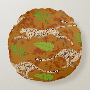 Cheetahs Leaves: Vintage Graphic Seamless Round Cushion