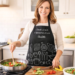 Chef black white kitchen utensils slogan script apron