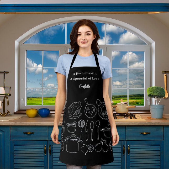 Chef black white kitchen utensils slogan script apron (Creator Uploaded)
