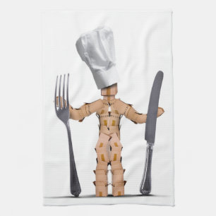 Chef box man character with cutlery tea towel