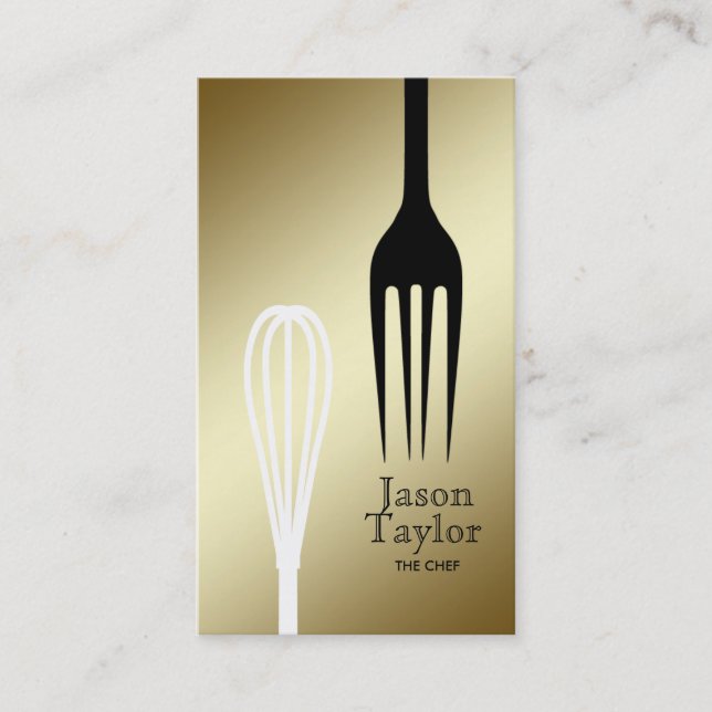 Chef Catering Restaurant Bake Fork Whisk Gold Business Card (Front)