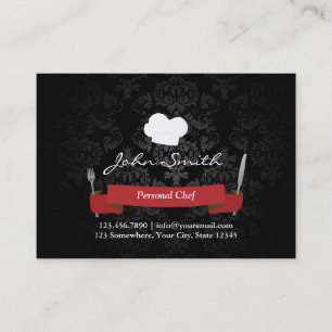 Chef Catering Restaurant Elegant Black Damask Business Card