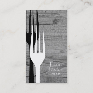 Chef Catering Restaurant Food Fork Logo Gray Wood Business Card
