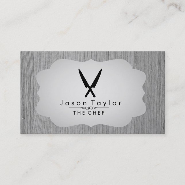 Chef Catering Retro Crossed Knife Wood Grey Business Card (Front)