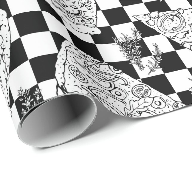 Chef Chequerboard Black White Pizza Pattern Wrapping Paper (Roll Corner)