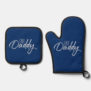Chef Daddy White Typography Modern Blue Oven Mitt & Pot Holder Set