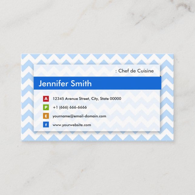 Chef de Cuisine - Modern Blue Chevron Business Card (Front)