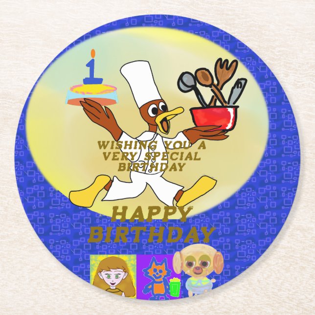 Chef Ducky Kazoo Blue Geometric Paper Coaster (Front)