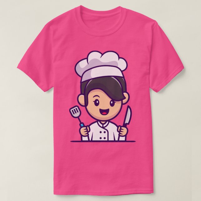 Chef Girl With Knife And Spatula Cartoon T-Shirt (Design Front)