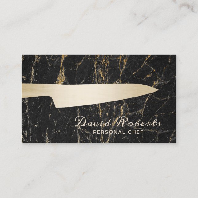 Chef Gold Knife Catering Modern Black Marble Business Card (Front)
