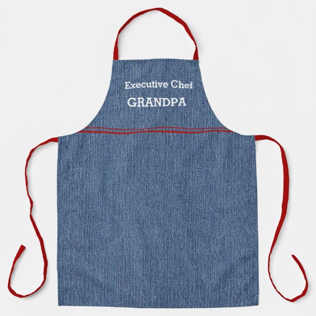 Chef Grandpa or Dad Blue Denim Print Red Accents Apron (Front)