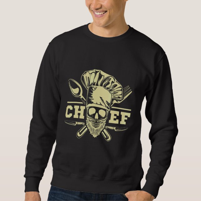 Chef Grill Skull Beard Cook Kitchen Tattoo Cooking Sweatshirt (Front)