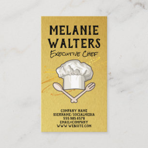 Chef Hat and Cooking Utensils Logo   Gold Business Card