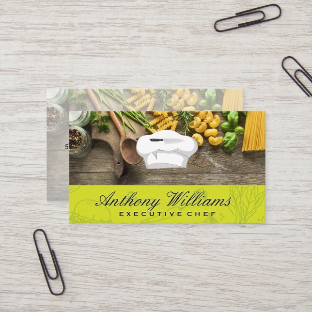 Chef Hat and Knife | Wooden Table of Pastas  Business Card (Front/Back In Situ)