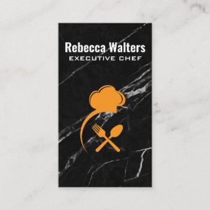 Chef Hat and Silverware Black Marble Business Card