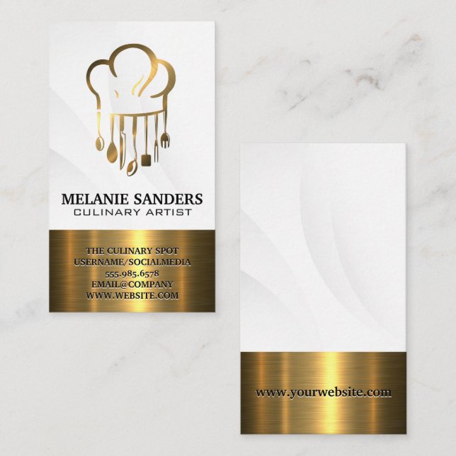 Chef Hat Cooking Utensils | Gold Metallic Business Card (Front/Back)