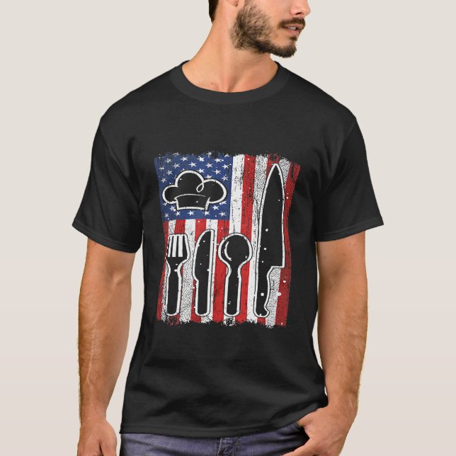 Chef Hat Knife Cook Culinary Kitchen American Flag T-Shirt (Front)