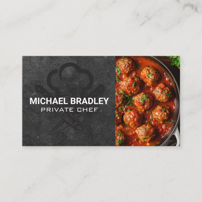 Chef Hat Knives | Meatballs in Tomato Sauce Business Card (Front)