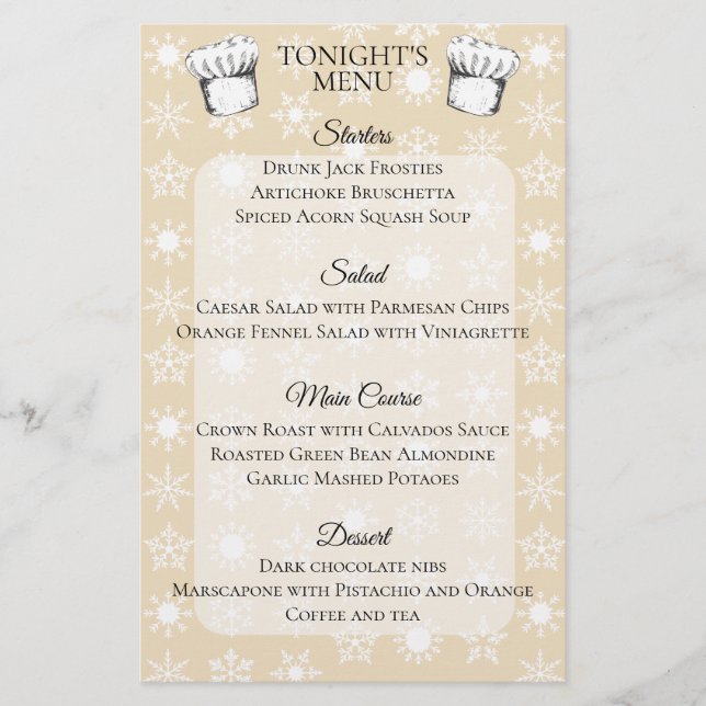 Chef hat snowflakes Christmas holiday dinner menu (Front)