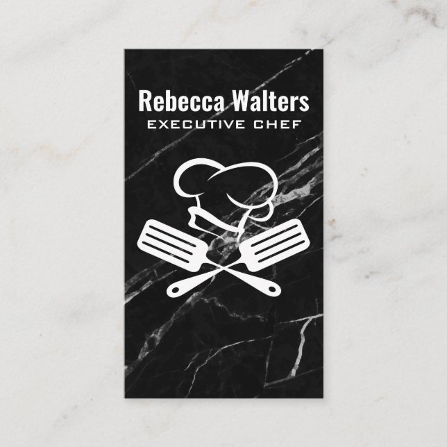 Chef Hat Spatulas | Black Marble Business Card (Front)