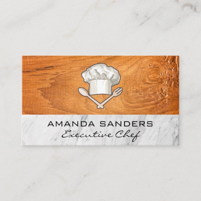 Chef Hat Spoon Fork | Wood Marble Business Card (Front)