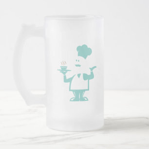 Chef holding a bowl of soup frosted glass beer mug