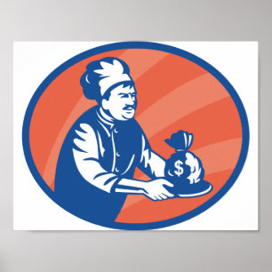 Chef Holding Money Bag Restaurant Finance Poster