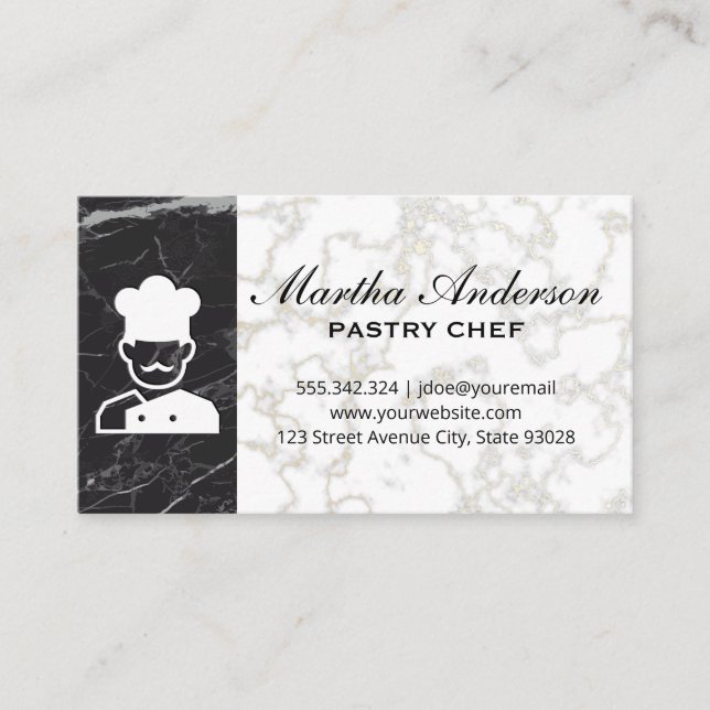 Chef Icon | Gold White Marble | Black Marble Business Card (Front)