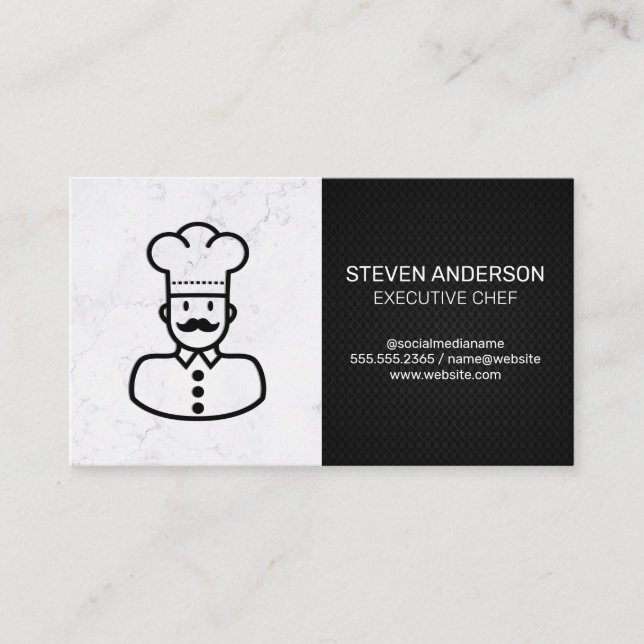 Chef Icon | Marble and Black Mesh Business Card (Front)