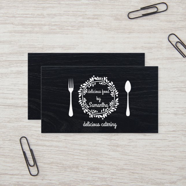 Chef Kitchen Catering Fork & Knife Wreath on Wood Business Card (Front/Back In Situ)