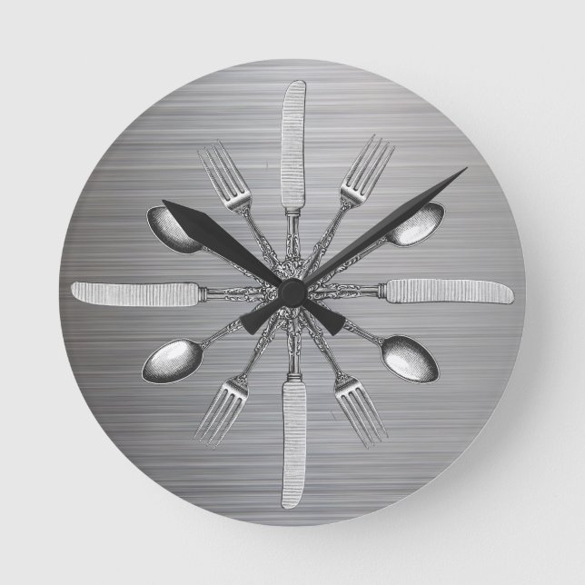 Chef Kitchen Utensils Faux Metal Steel Round Clock (Front)