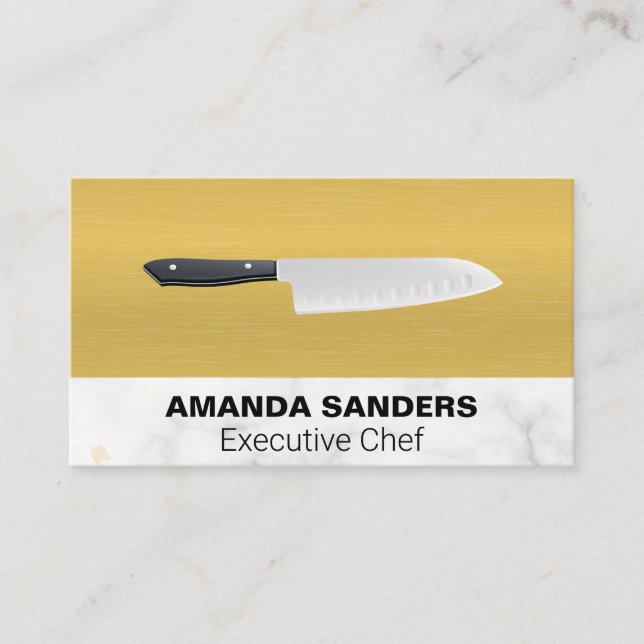 Chef Knife | Gold Texture Marble Business Card (Front)