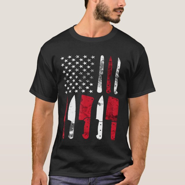 Chef Knife Us Flag Culinary Student Cooking Men T-Shirt (Front)