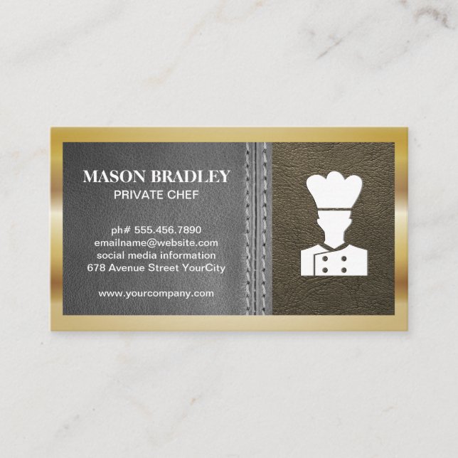 Chef | Leather Stitched | Gold Metallic Border Business Card (Front)
