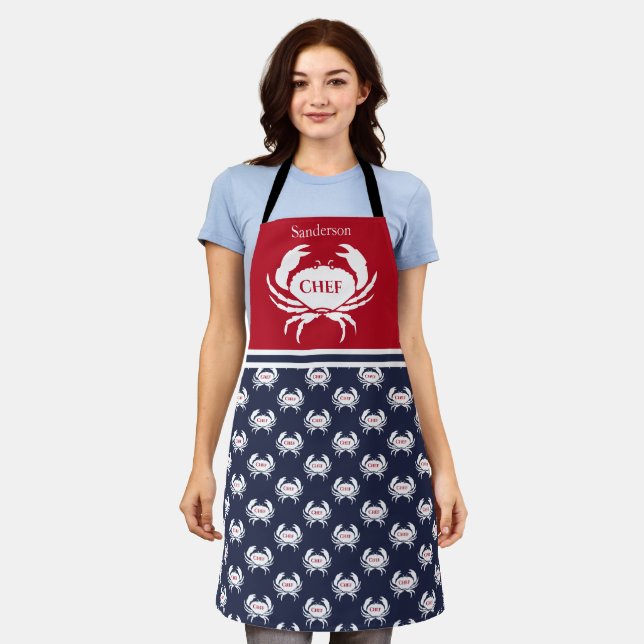 Chef Monogrammed Red White Navy Blue Crab Nautical Apron (Worn)