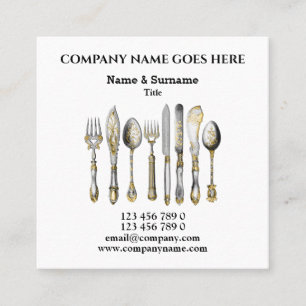 Chef private catering services gold cutlery set square business card