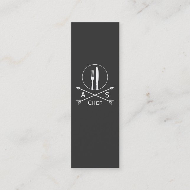 Chef Retro Arrows and Cutlery Hip Black Catering Mini Business Card (Front)