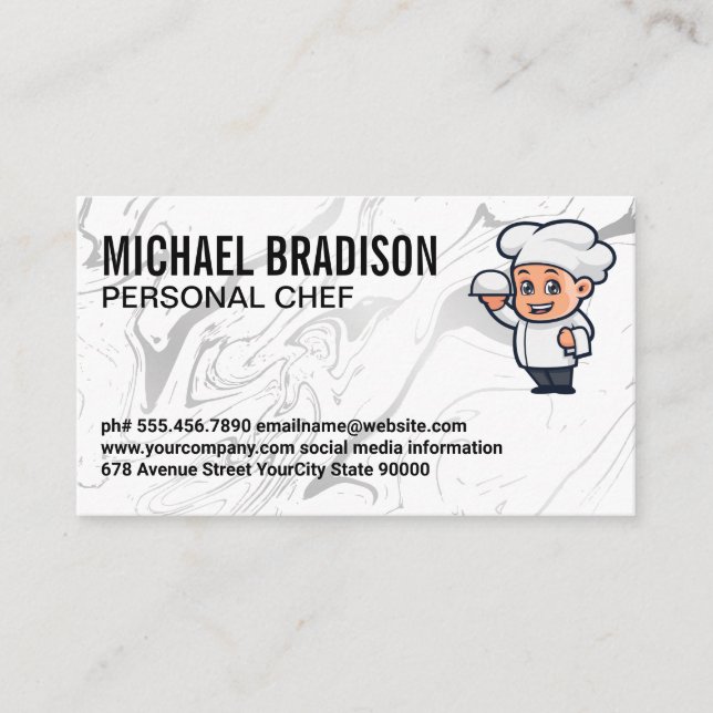 Chef Serving Food Logo | Liquid Silver Background Business Card (Front)