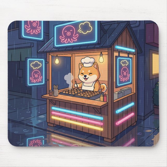 Chef Shiba's Neon Takoyaki Stand Mouse Mat (Front)