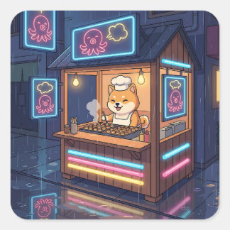 Chef Shiba's Neon Takoyaki Stand Square Sticker
