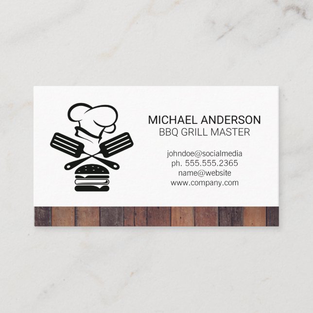 Chef Spatula Burger Logo | Wood Business Card (Front)