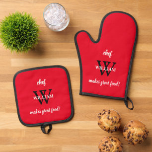 Chef William's Monogram + Name Modern Script Red Oven Mitt & Pot Holder Set