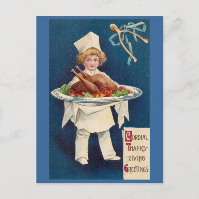 Chef with Turkey on Platter and Wishbone Postcard (Front)
