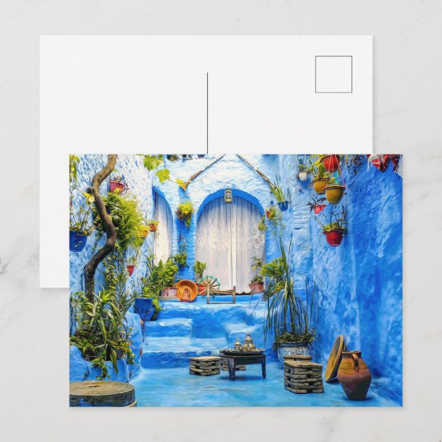 Chefchaouen Blue City Morocco Oil Painting Boho Holiday Postcard (Front/Back)