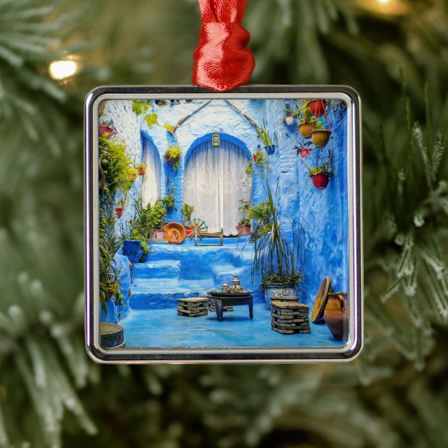 Chefchaouen Blue City Morocco Oil Painting Boho Metal Tree Decoration (Tree)