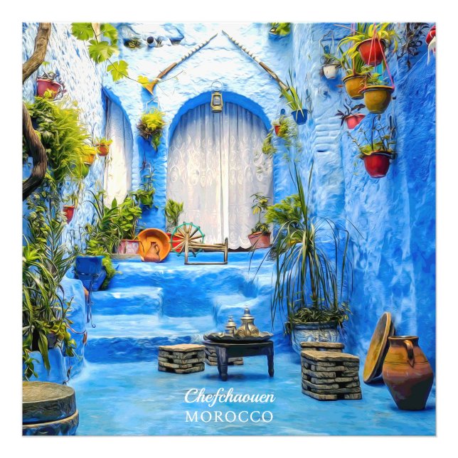 Chefchaouen Blue City Morocco Oil Painting Boho Photo Print (Front)