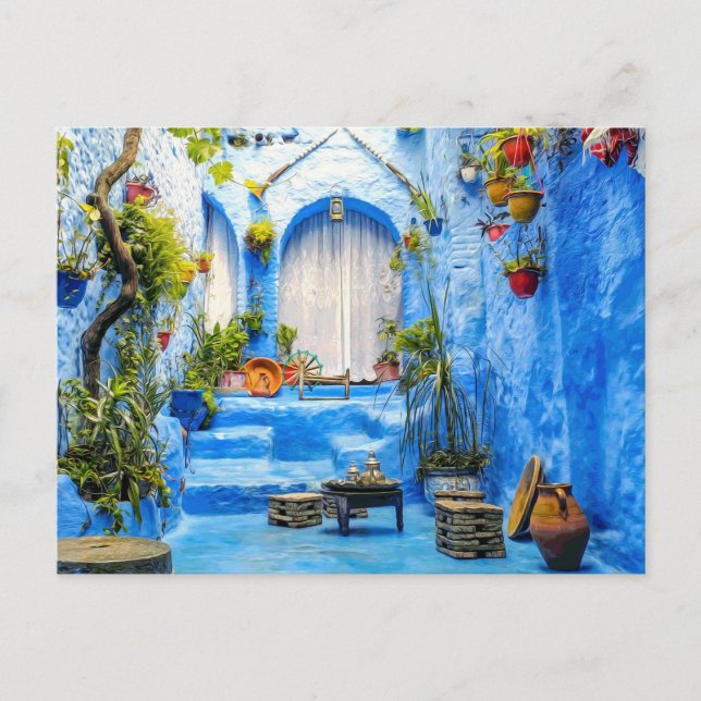 Chefchaouen Blue City Morocco Oil Painting Boho Postcard (Front)