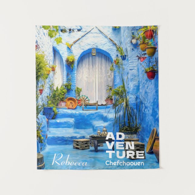 Chefchaouen Blue City Morocco Oil Painting Boho Tapestry (Front)