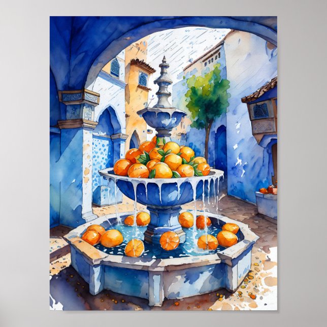 Chefchaouen Morocco Orange Fountain Watercolor Poster (Front)